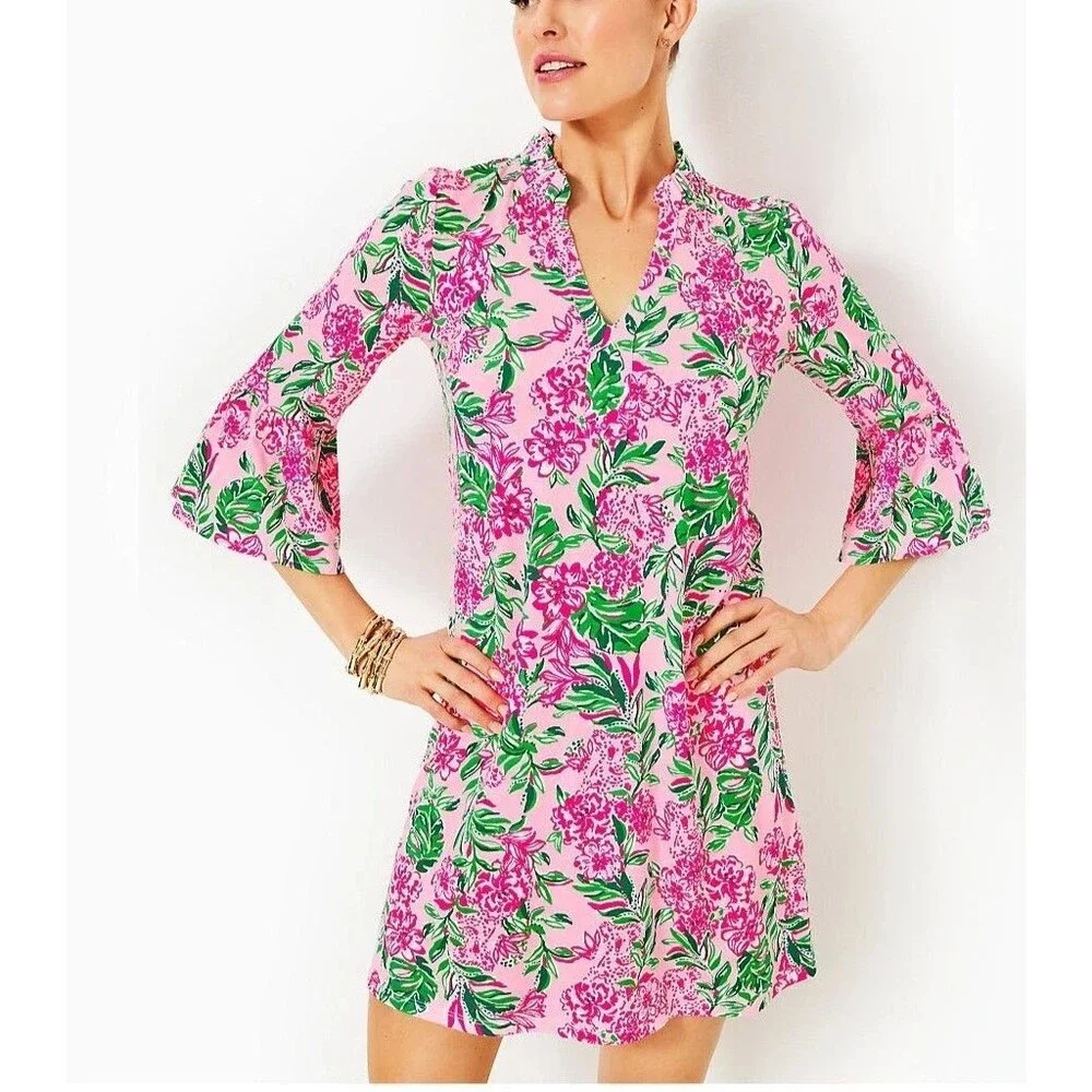 Lilly Pulitzer Hayes Conch Shell Ruffle Mini Dress Floral Print Cotton L 288174 - Picture 1 of 10